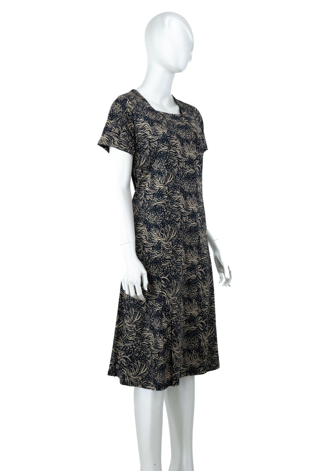 Kadın Sarmaşık Desenli Kısa Kollu Tam Kalıp Likralı Viskon Kumaş Klasik Diz Altı Elbise